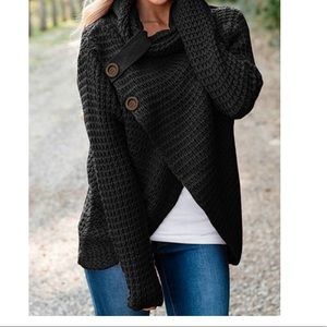 Wrap Style Black Asymmetrical Ribbed Knit Cowl Neck Sweater